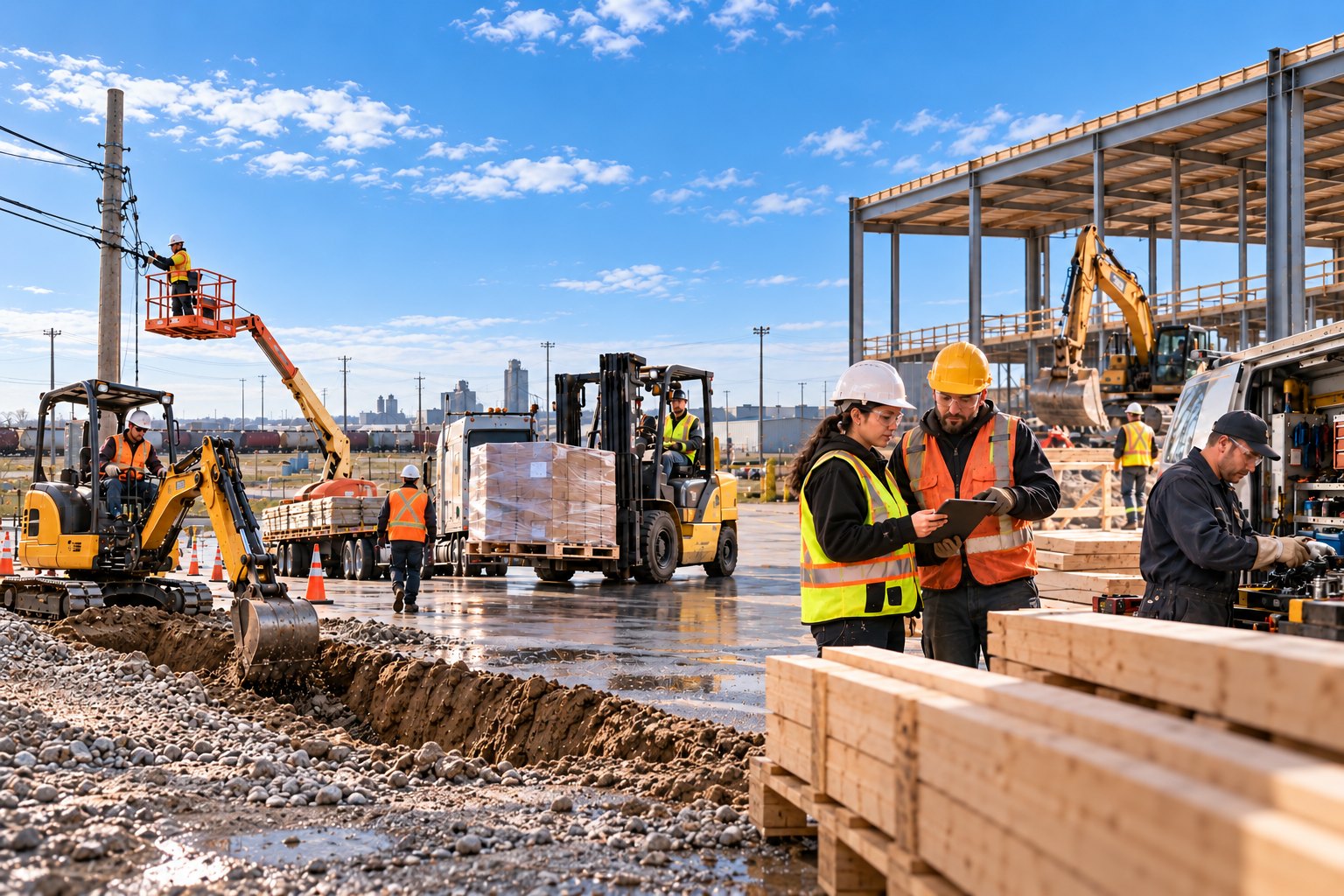 Equipment operator training on site in Manitoba: forklift, excavator and boom lift with a trainer reviewing results